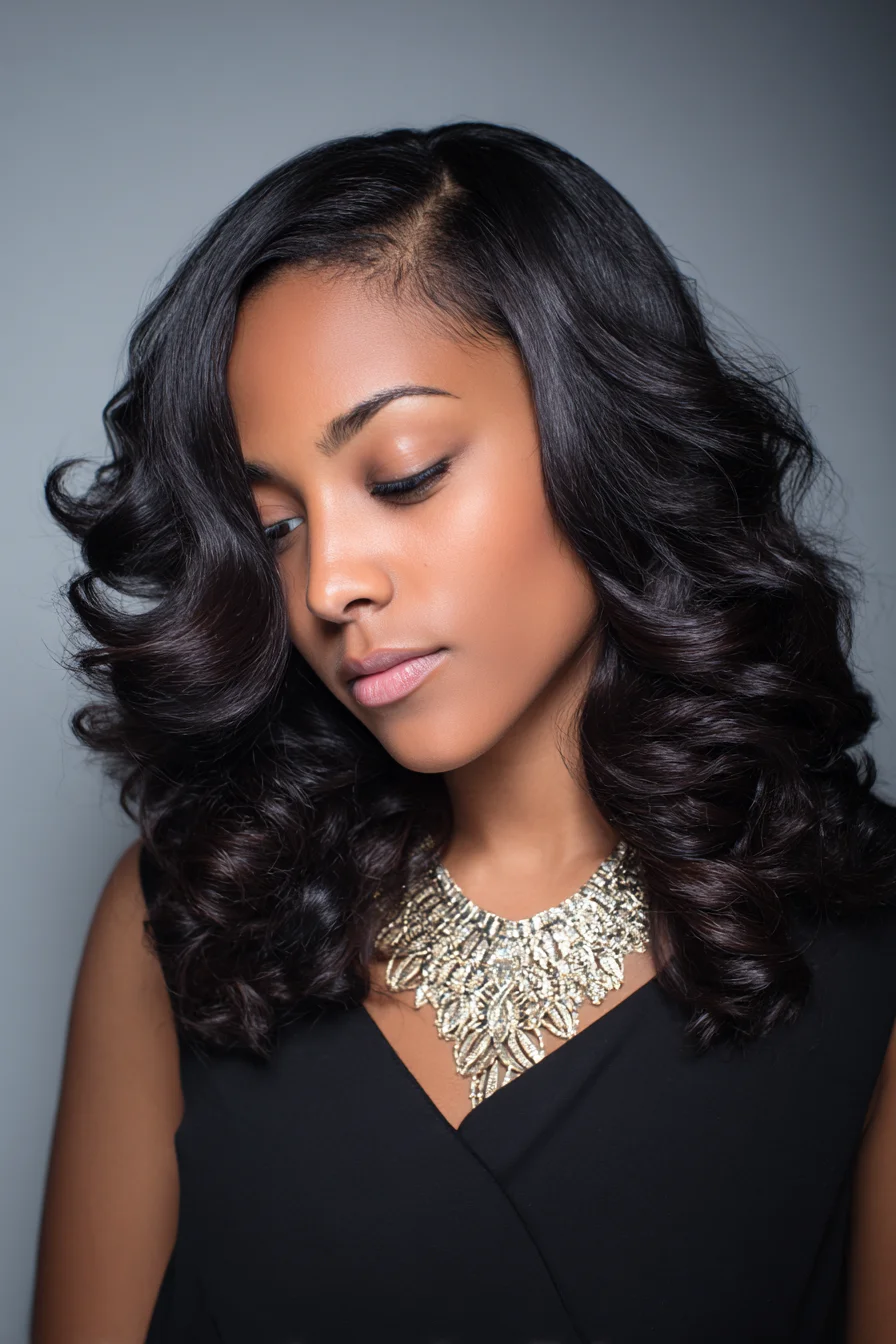 Voluminous Deep Side-Part Soft Curls for Medium-Length Hair