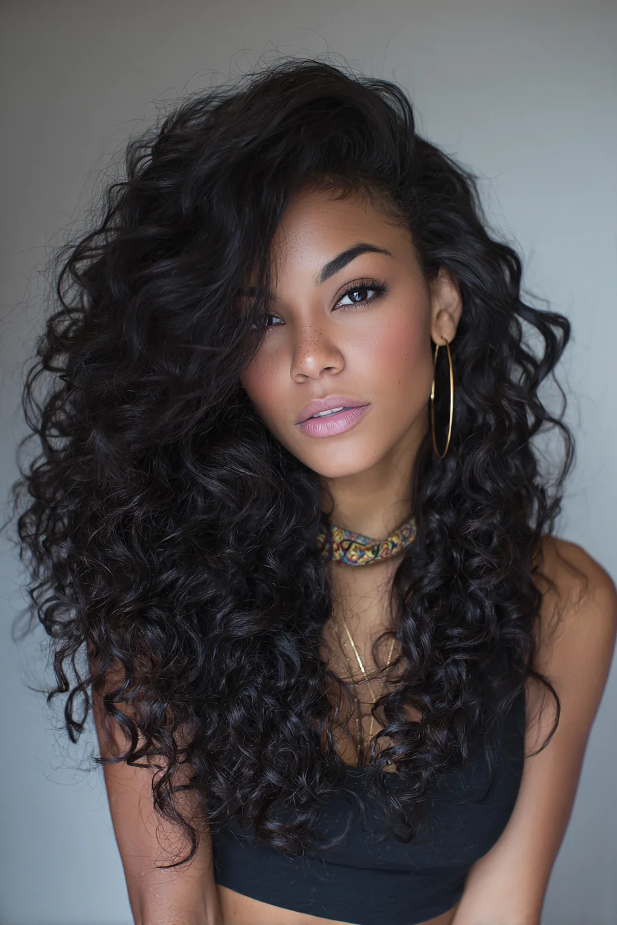 Voluminous Defined Curls with Deep Side Part for Natural Texture