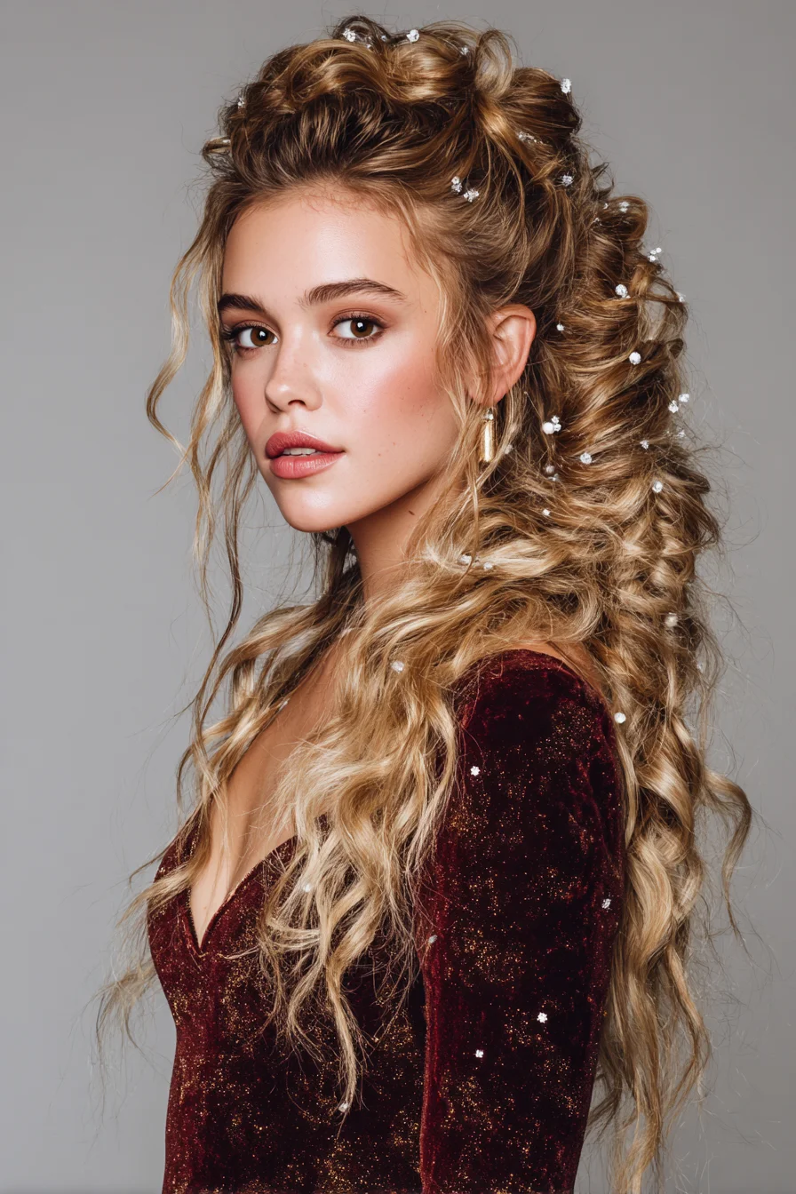 Voluminous Half-Up Curly Bridal Hairstyle with Decorative Pins