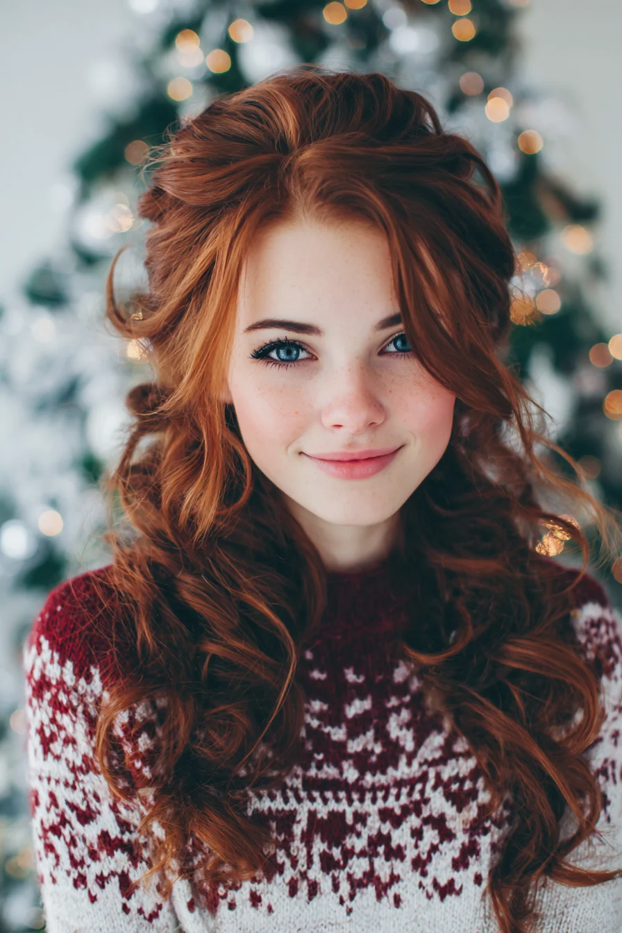 Voluminous Half‑Up Romantic Curls for Medium–Long Red Hair