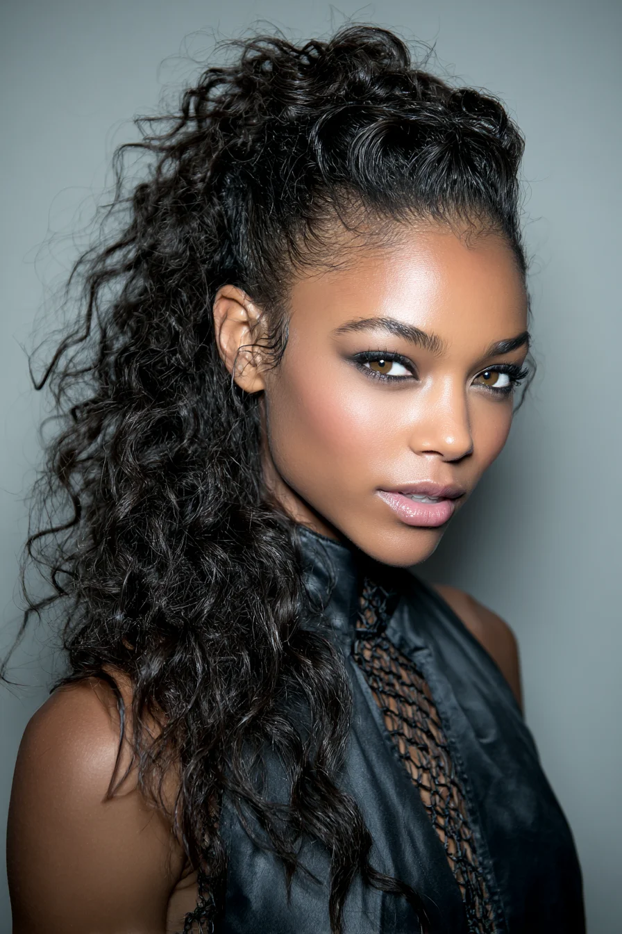 Voluminous High Ponytail with Defined Natural Curls
