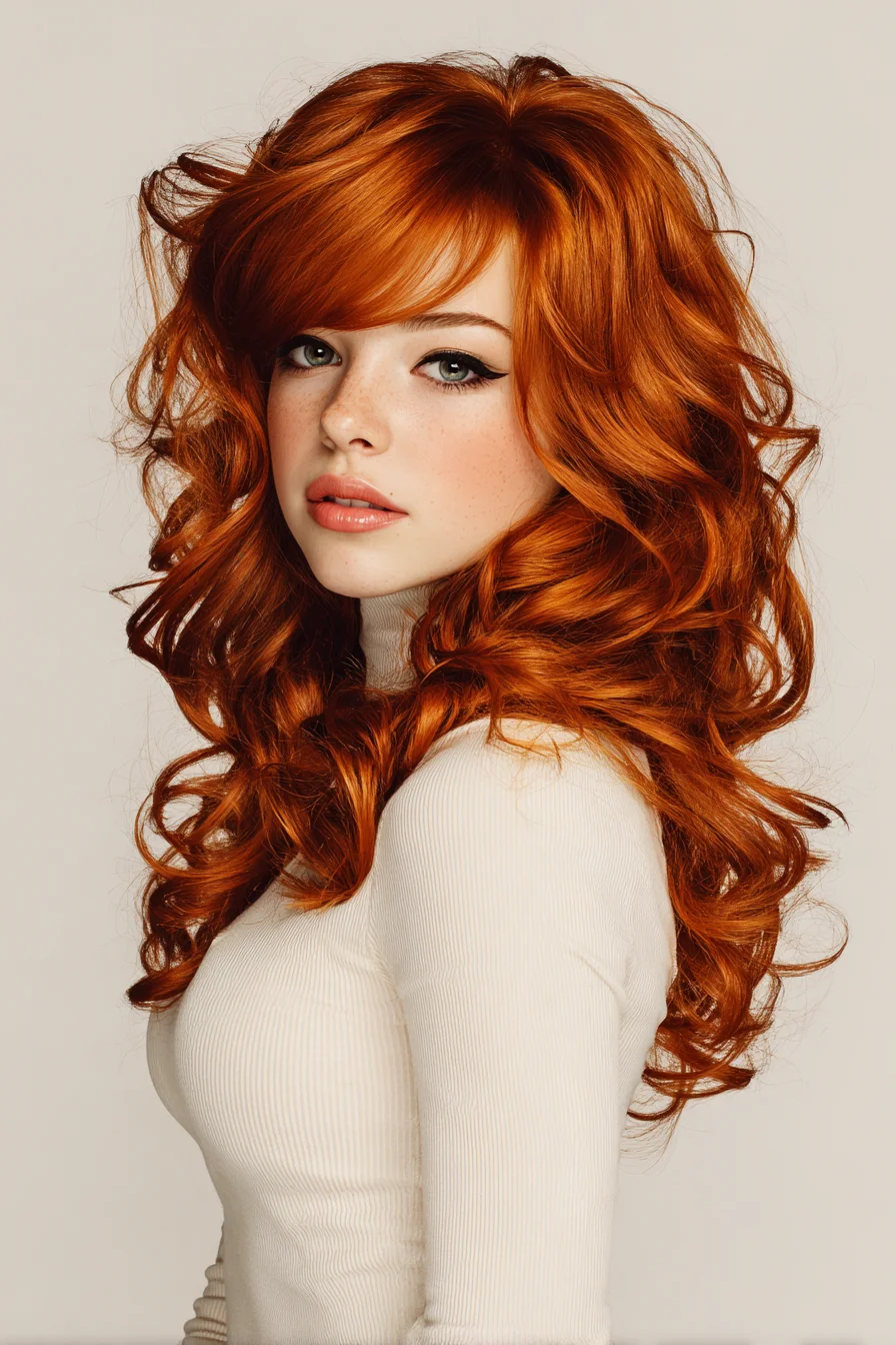 Voluminous Layered Curls with Side‑Swept Bangs — Long Copper Red