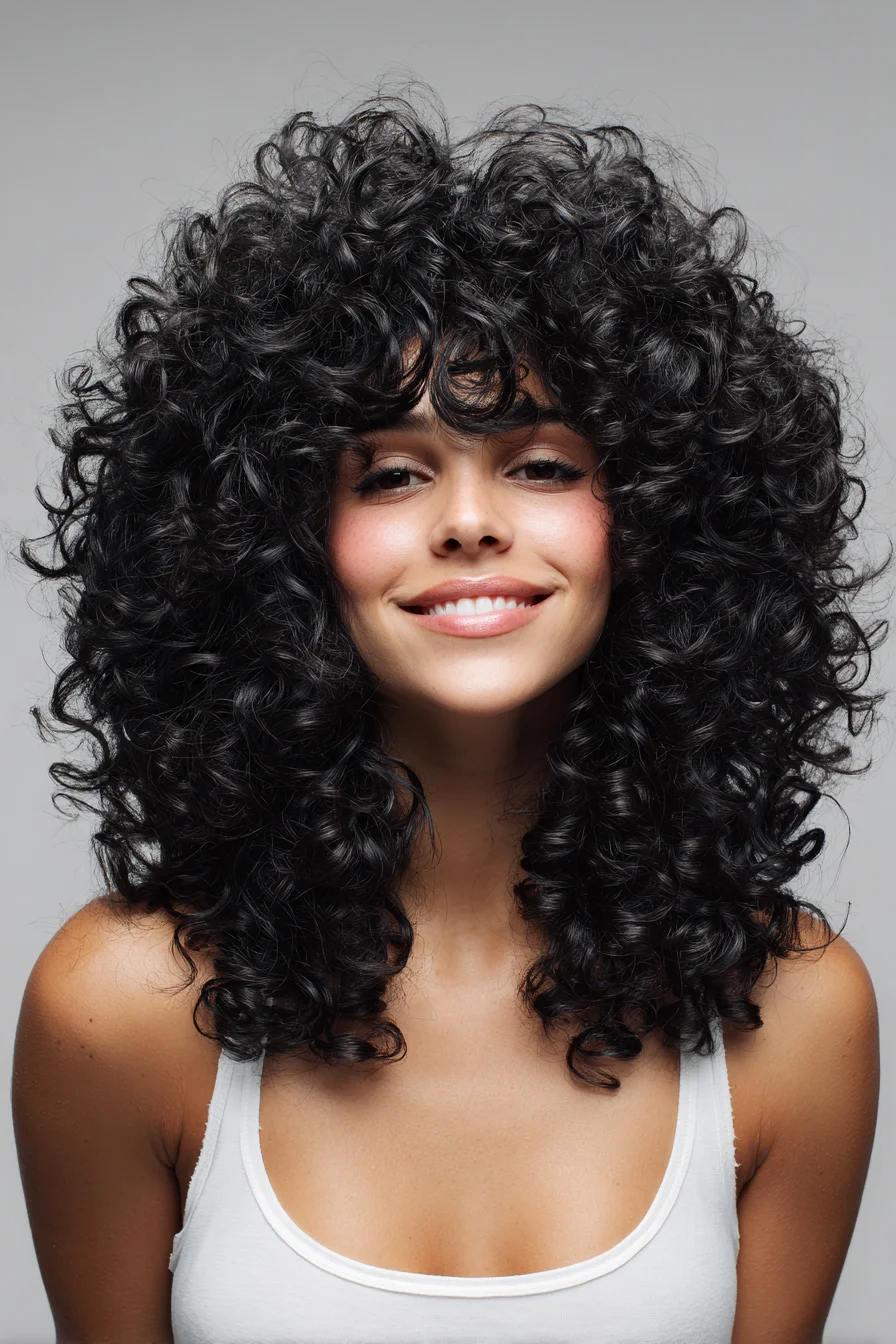 Voluminous Layered Curly Cut with Soft Curly Bangs