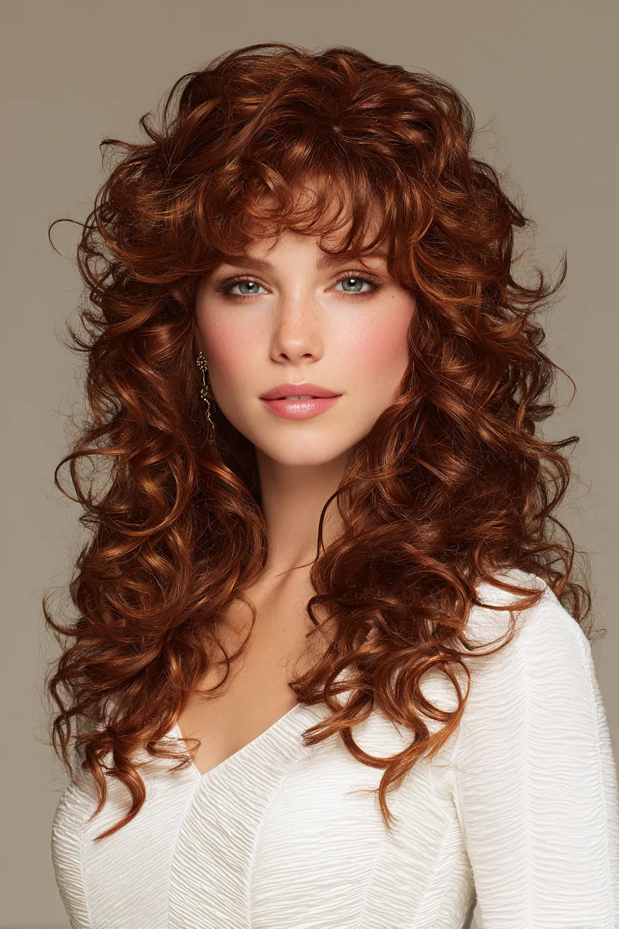 Voluminous Layered Curly Shag with Curtain Bangs