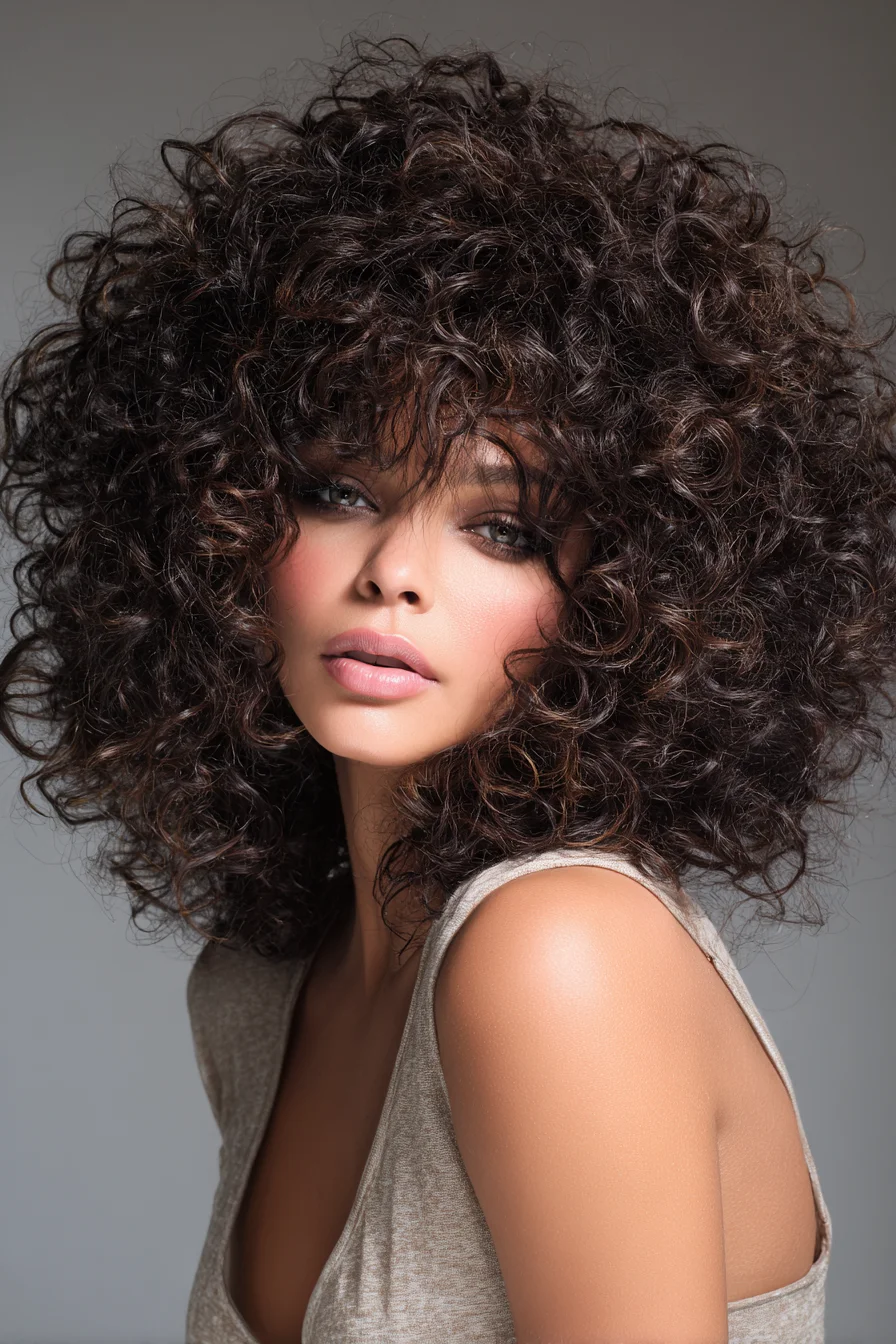 Voluminous Layered Curly Shag with Face‑Framing Bangs