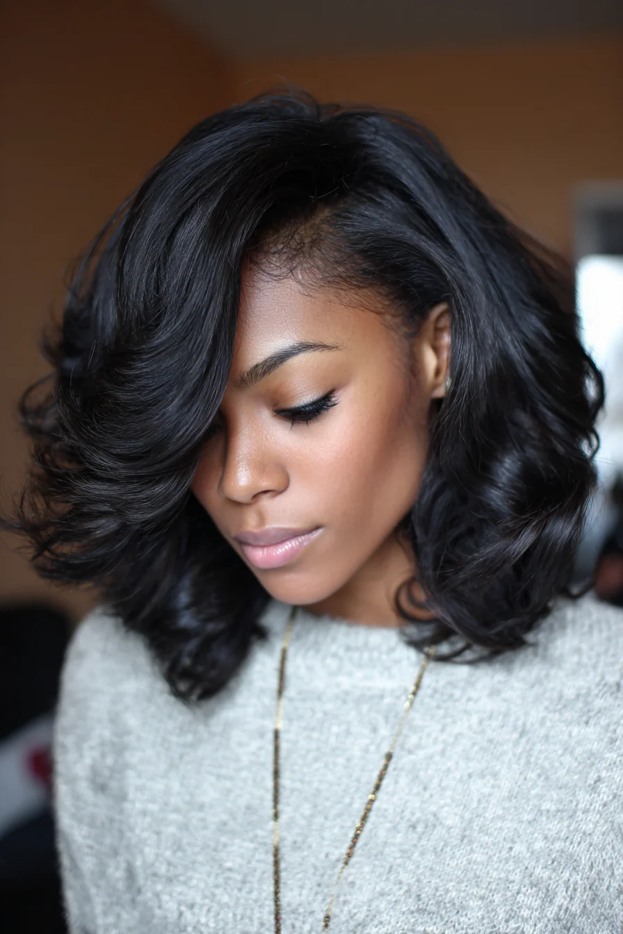 Voluminous Layered Lob with Side‑Swept Fringe — Blowout and Soft Curls