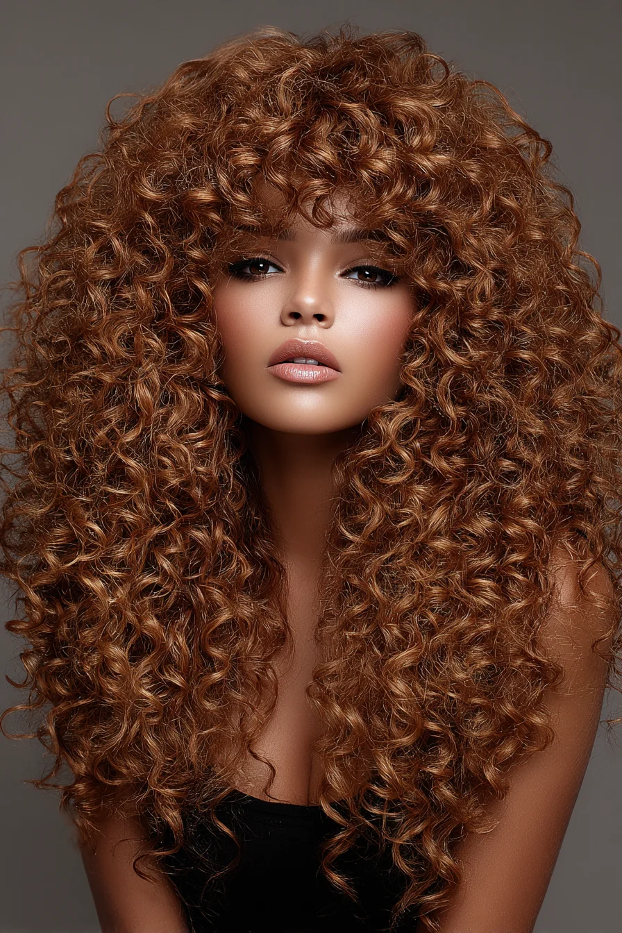 Voluminous Long Copper Curly Hair with Full Fringe