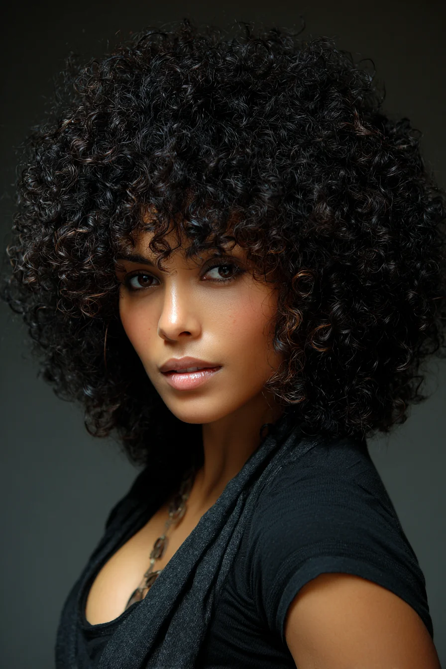 Voluminous Natural Curly Afro with Defined Ringlets and Soft Face‑Framing Fringe