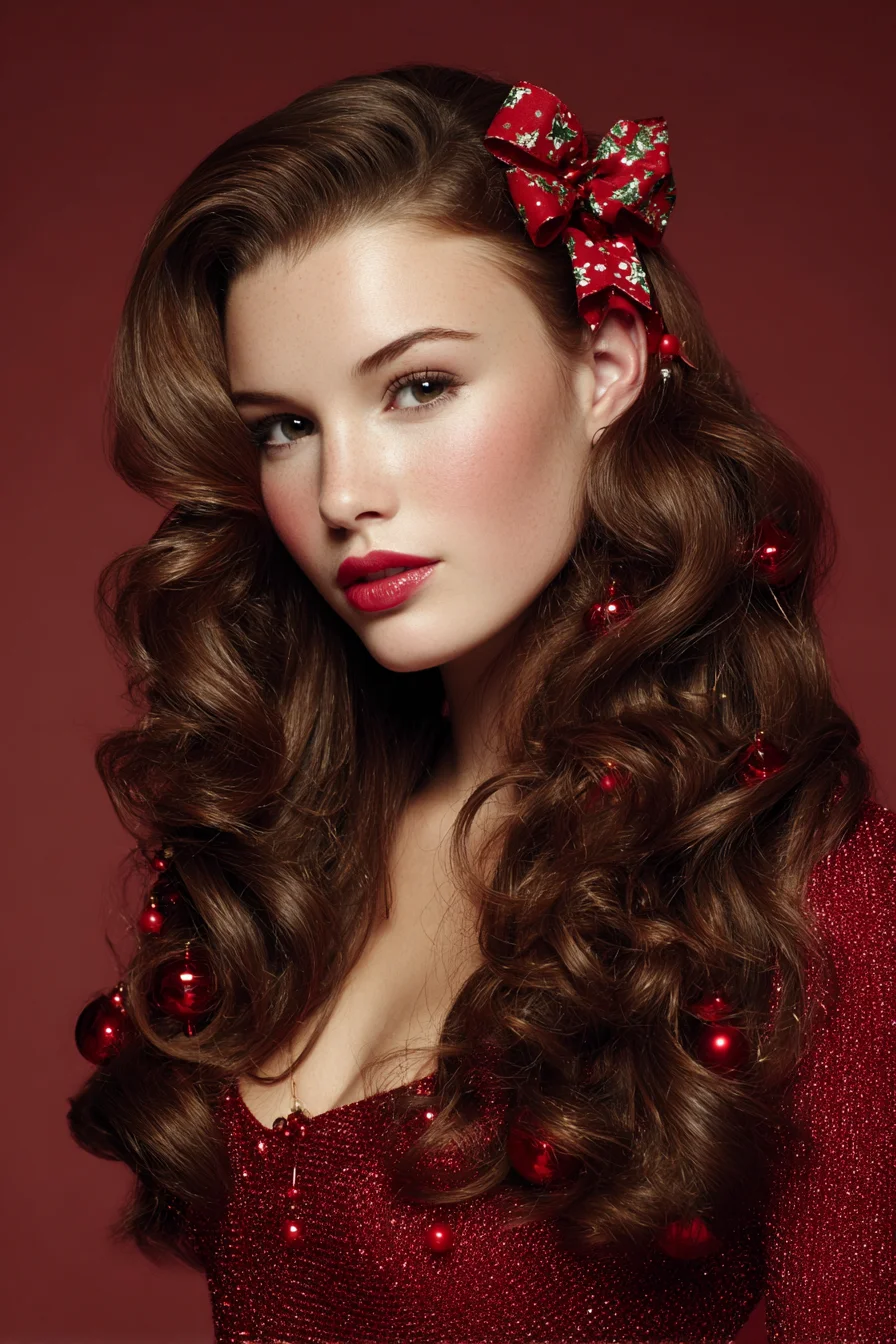 Voluminous Retro Waves with Festive Bow and Bauble Accents