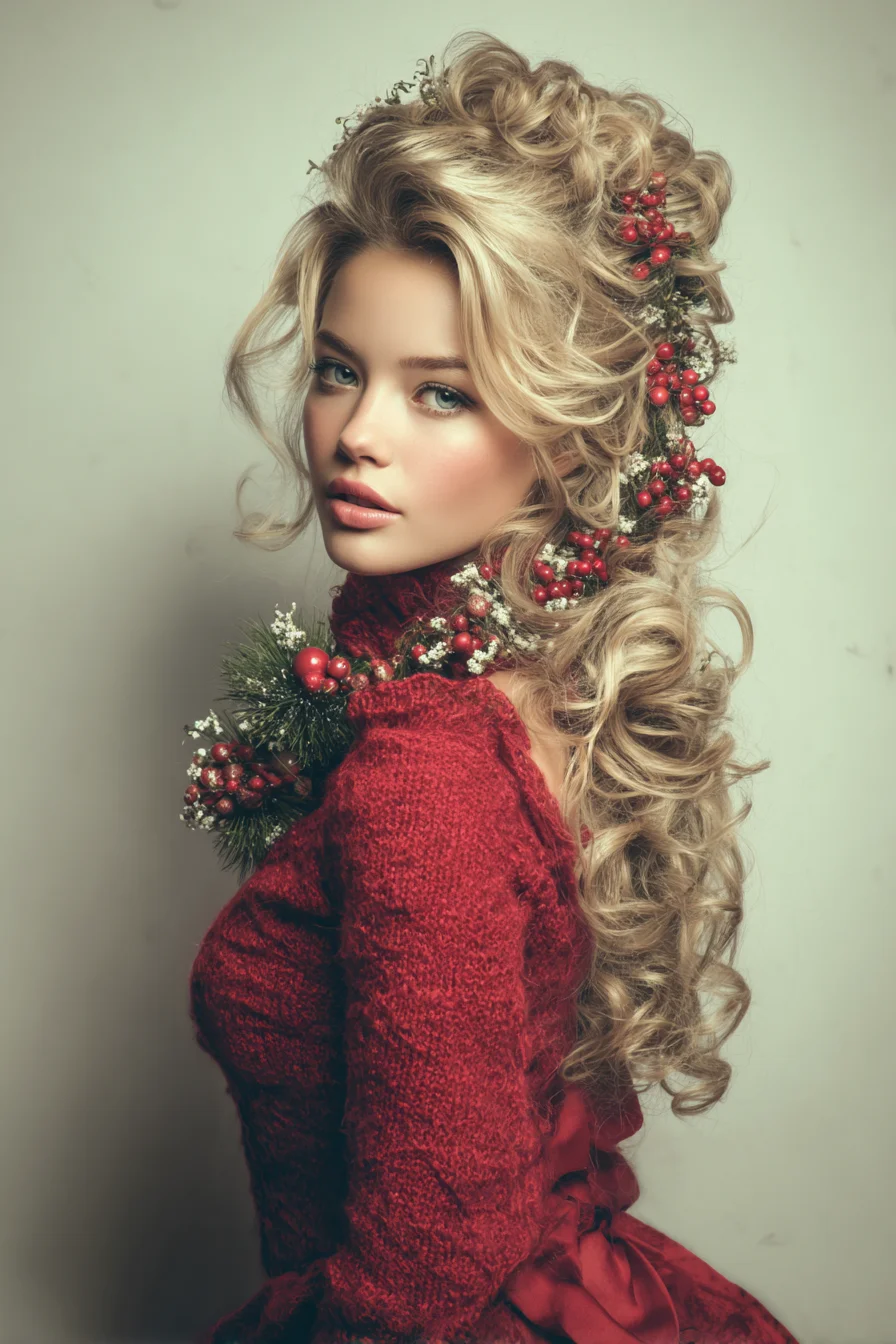 Voluminous Romantic Half-Up Curls with Festive Berry Accents