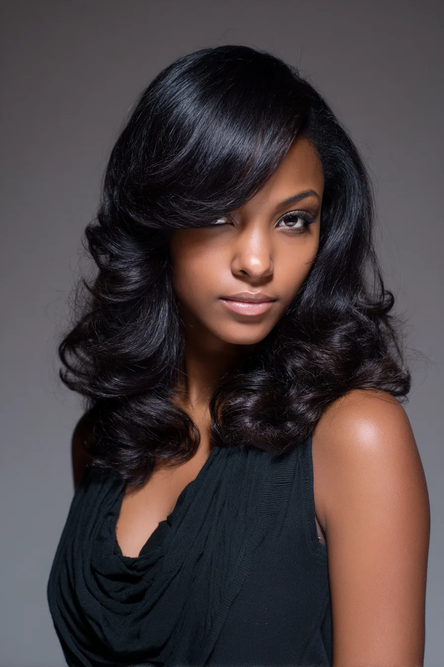 Voluminous S-Shaped Blowout with Side-Swept Bangs