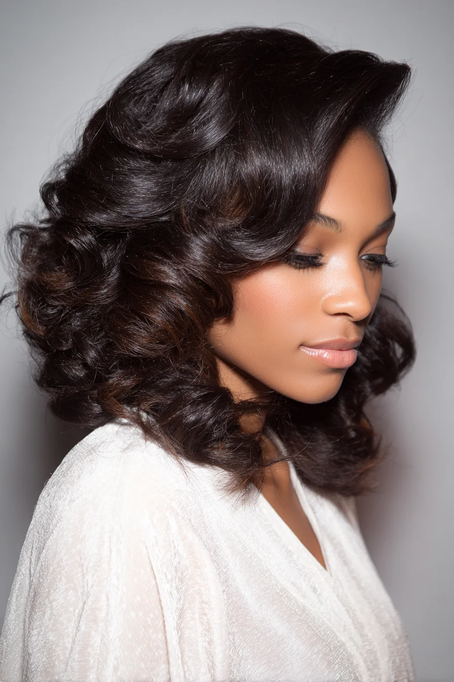 Voluminous Shoulder-Length Blowout with Soft Vintage Waves