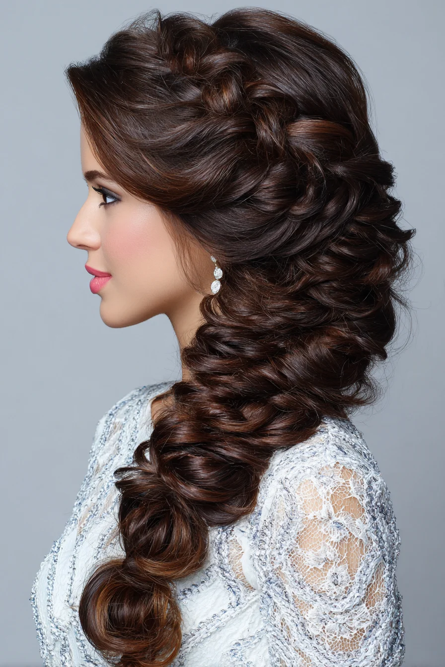 Voluminous Side‑Swept Braided Cascade with Soft Barrel Curls
