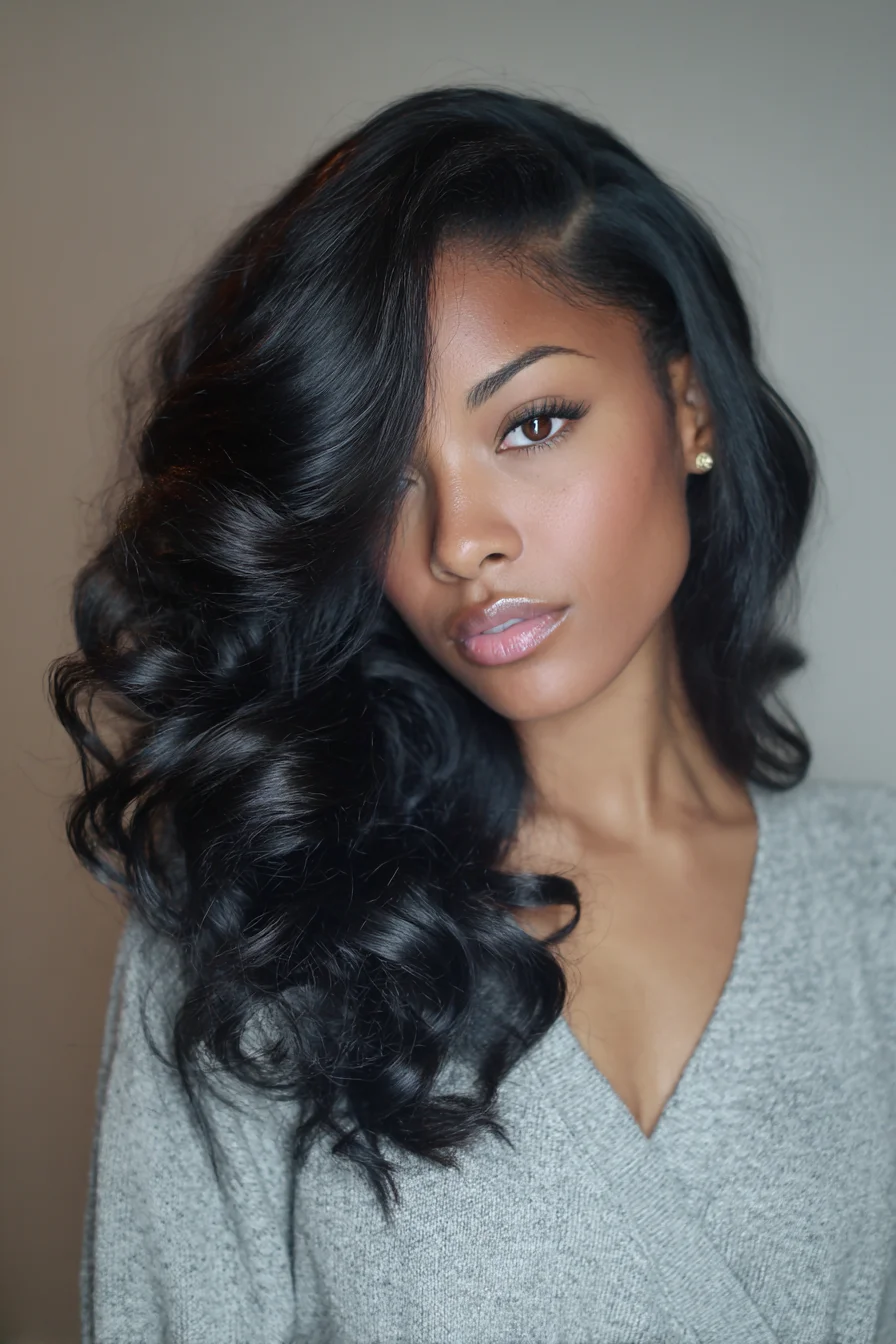 Voluminous Side-Swept Hollywood Waves for Long Natural Black Hair