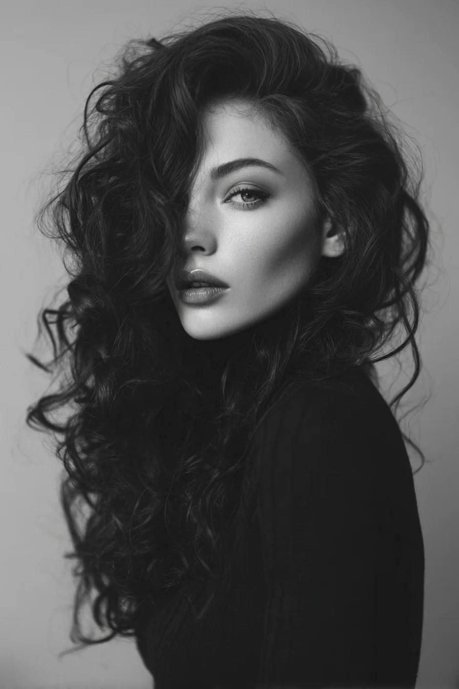 Voluminous Tousled Curls with Deep Side Part