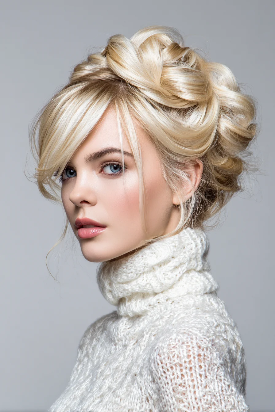 Voluminous Twisted Updo with Side-Swept Bangs