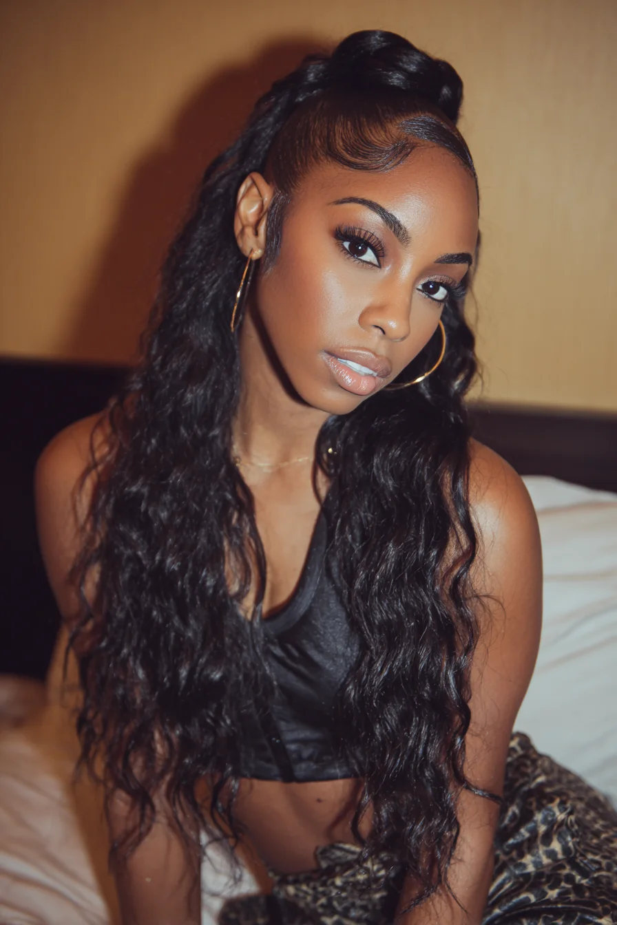 Wavy Half-Up High Ponytail with Laid Baby Hairs and Wrapped Crown