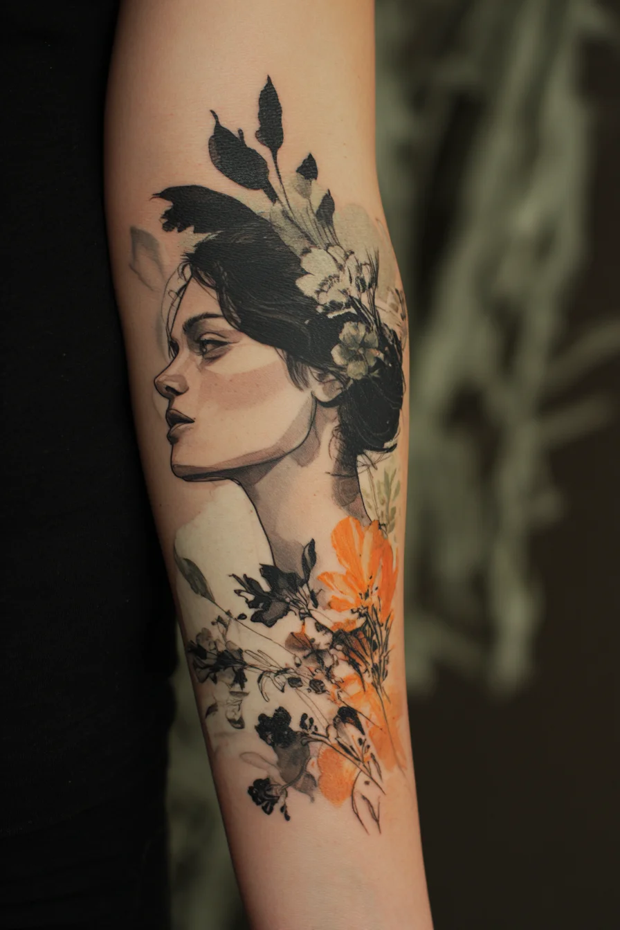 Botanical Portrait in Ink and Orange