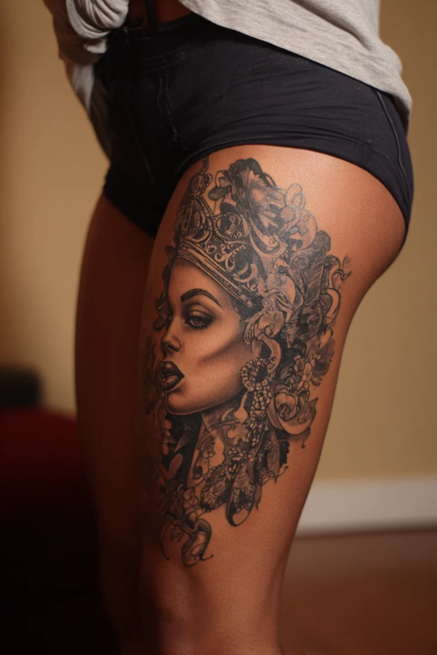 Crowned Queen Thigh Tattoo