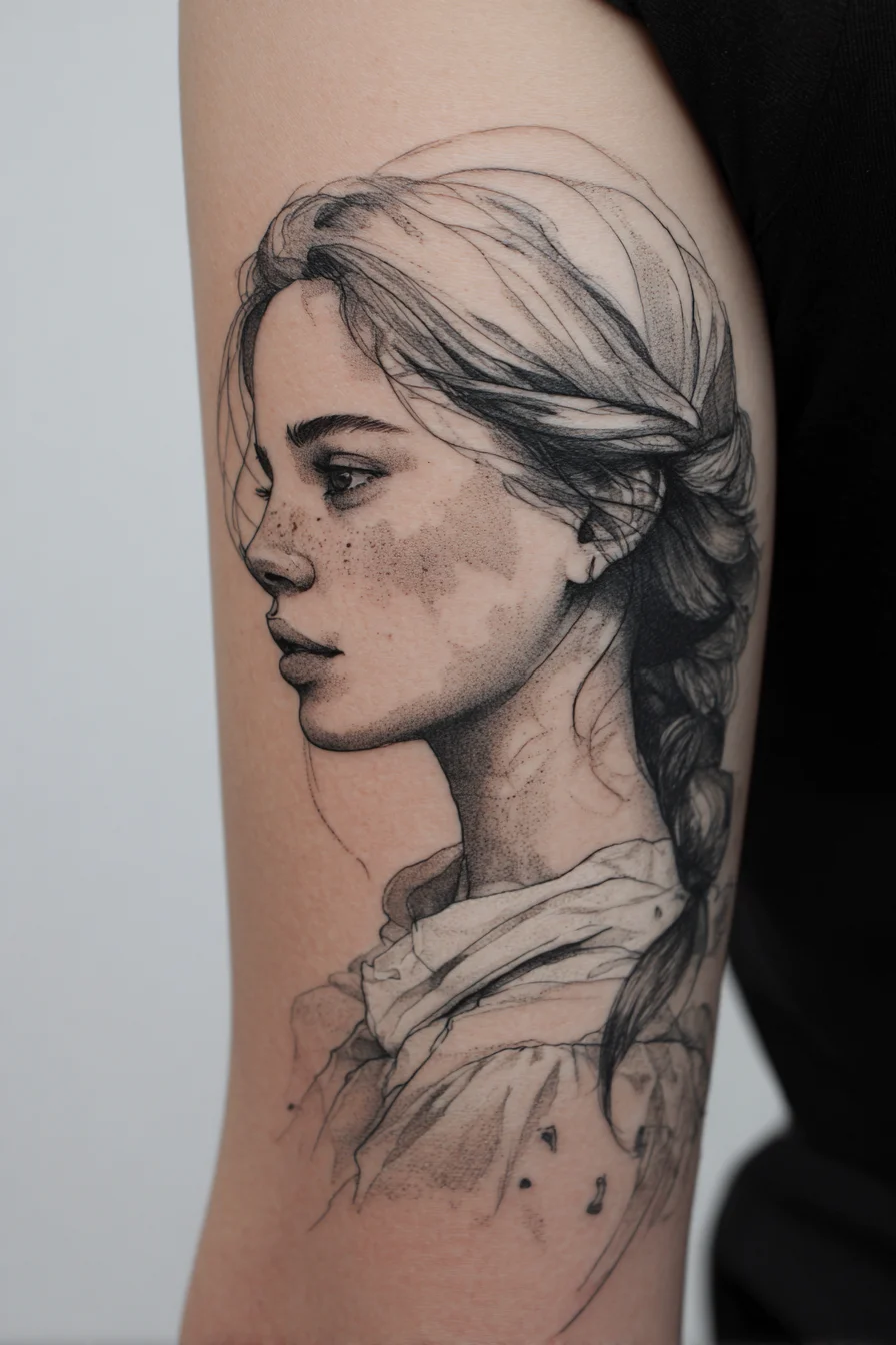 Fine Line Portrait Tattoo on Arm