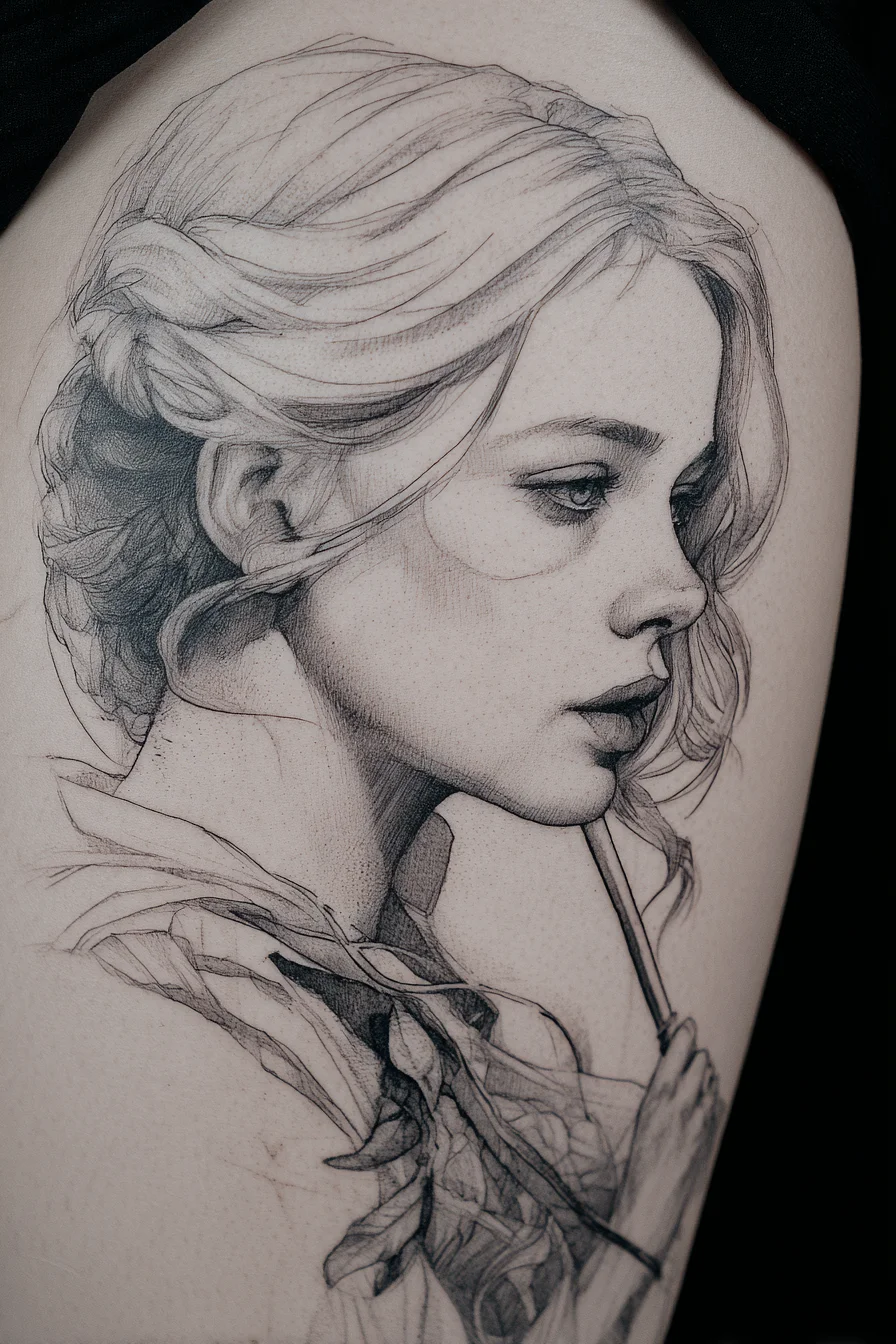 Fine Line Portrait Tattoo on Thigh