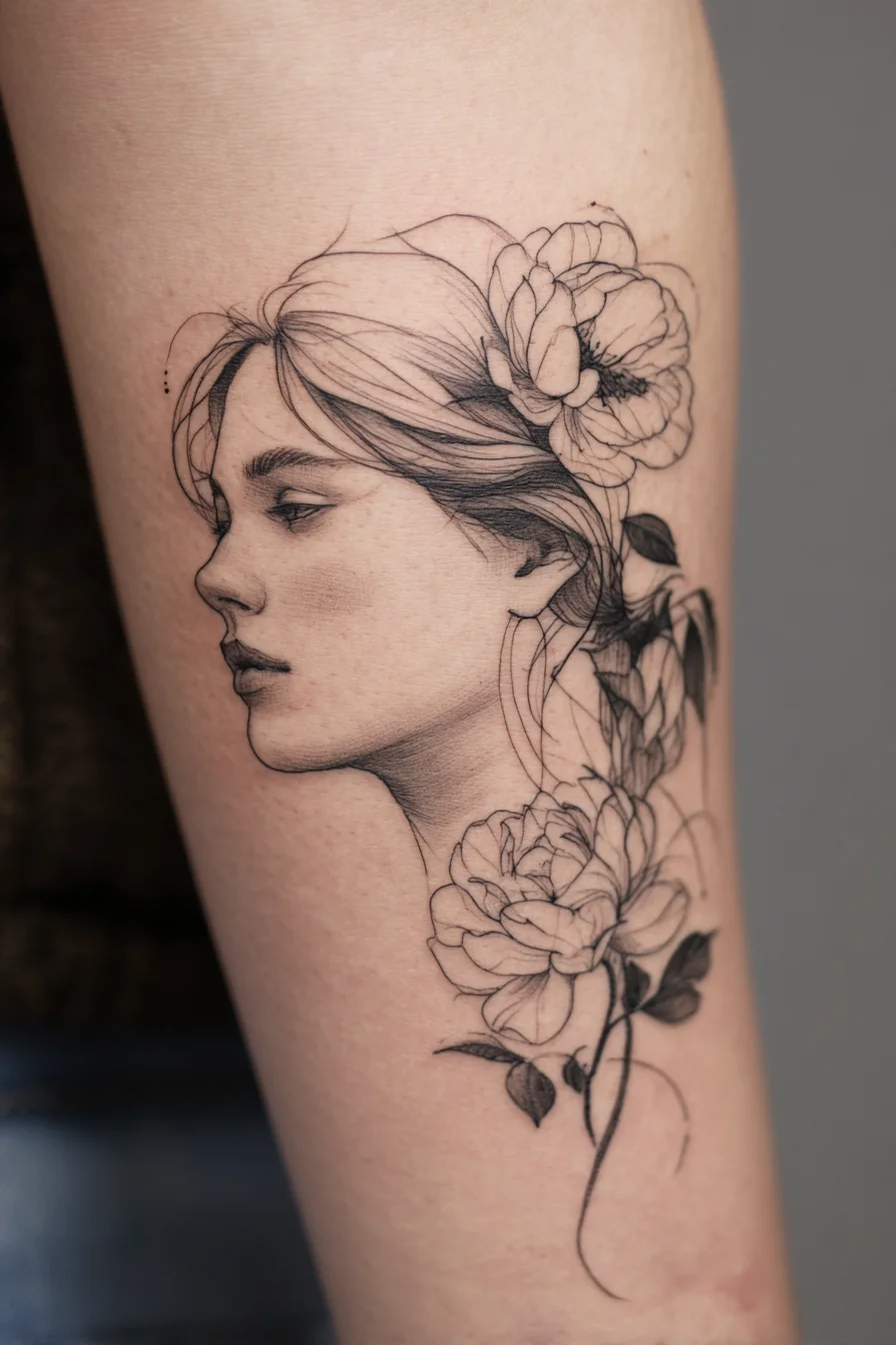 Fine Line Portrait with Peonies