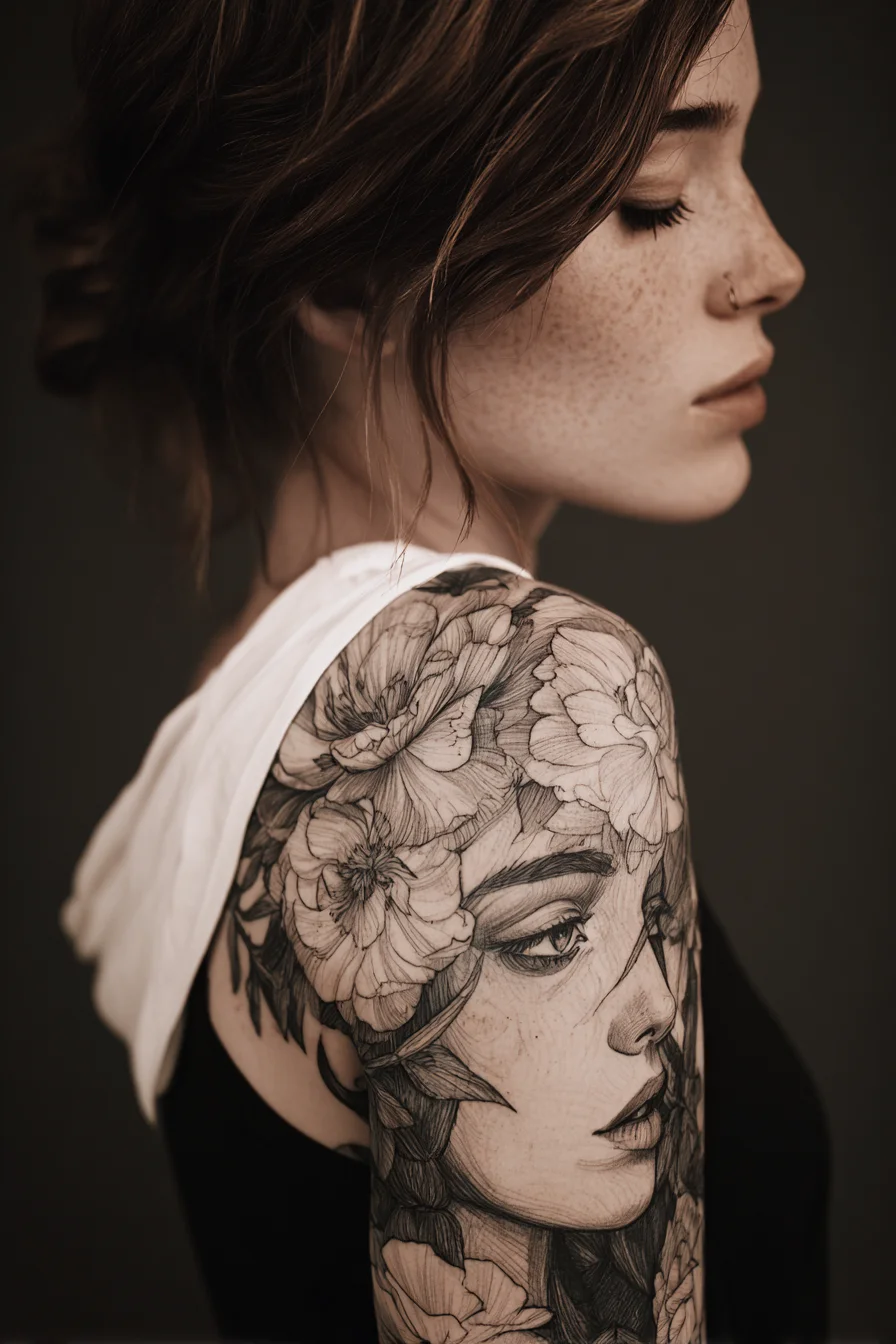 Floral Portrait Sleeve in Black Ink