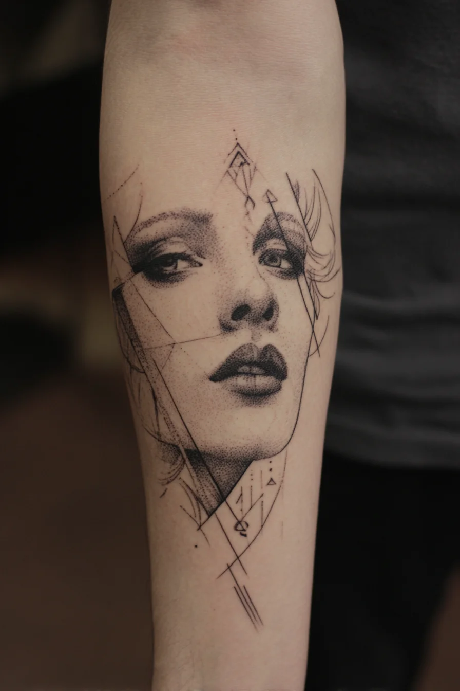 Geometric Portrait Tattoo on Forearm