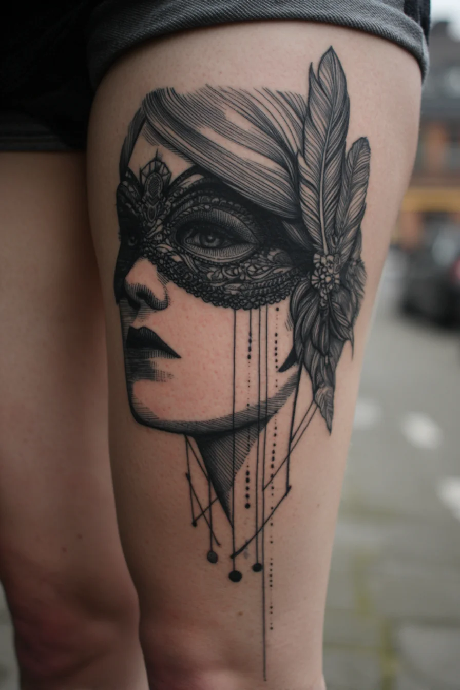 Masked Woman Thigh Tattoo