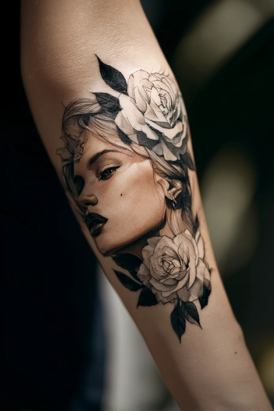 Portrait and Roses Forearm Tattoo