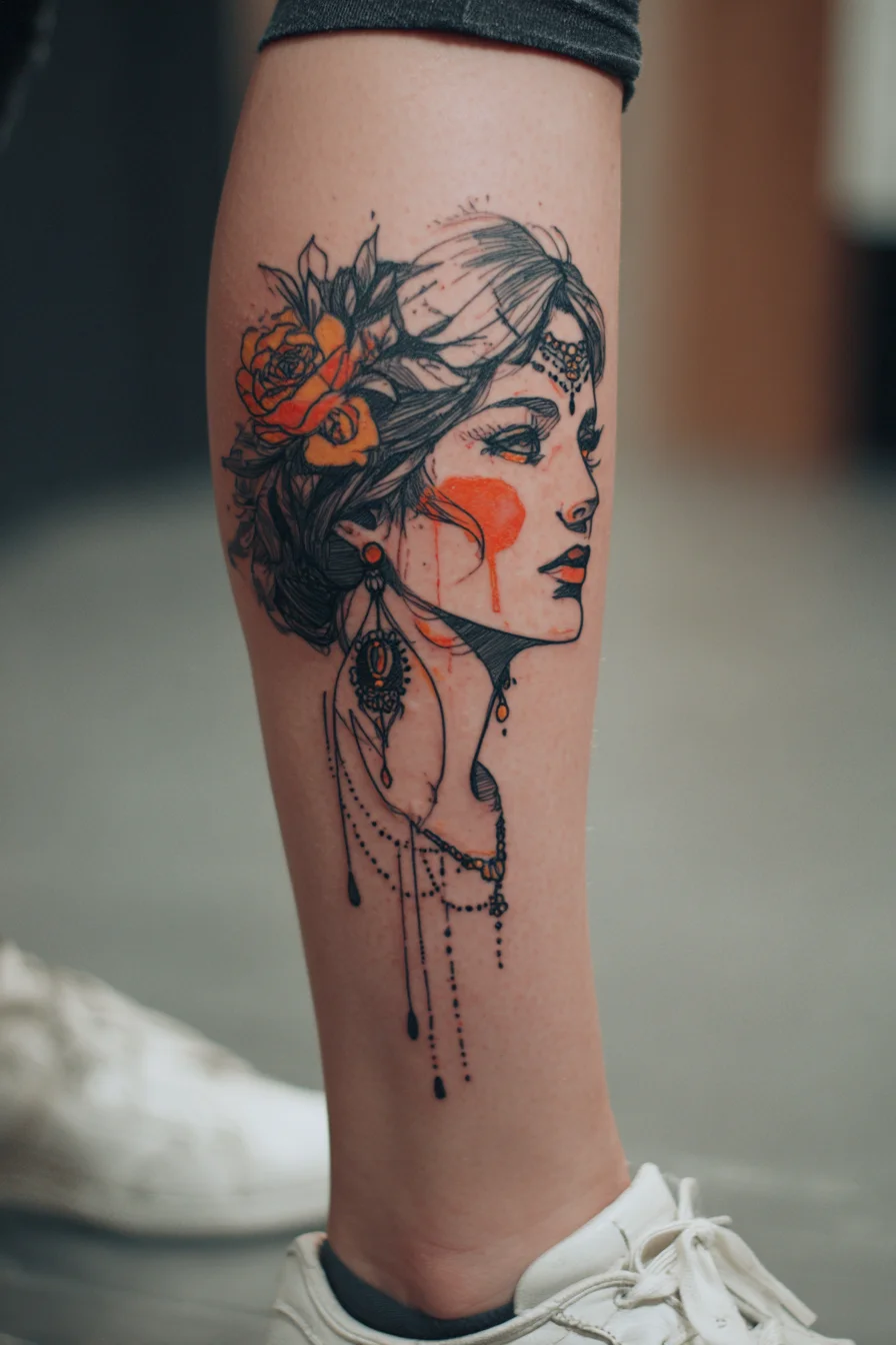 Sketch Portrait Tattoo with Orange Accents