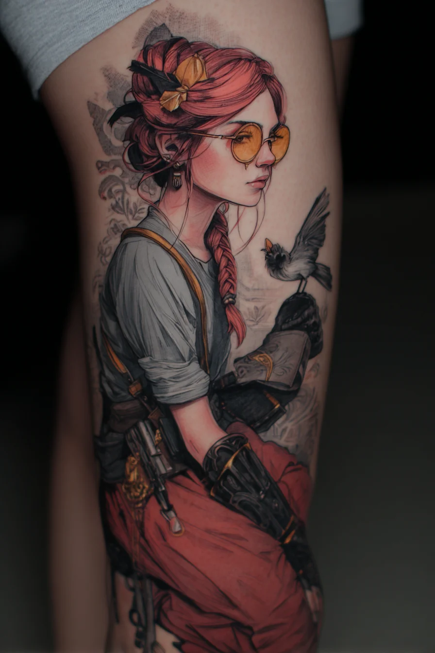 Steampunk Gunslinger Thigh Tattoo