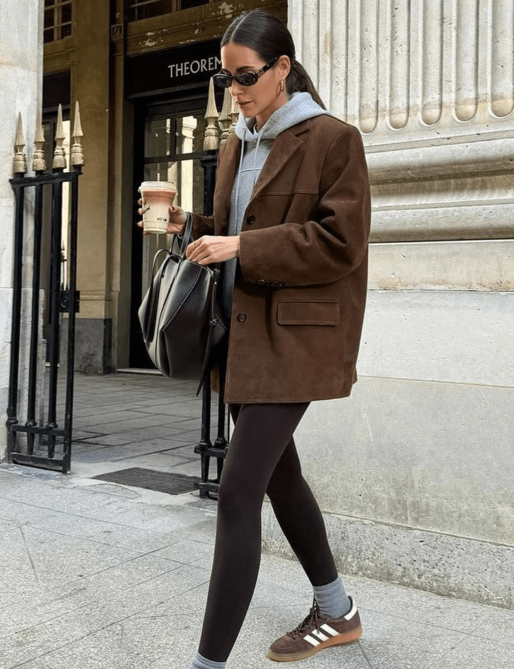 Suede Blazer Adds Polish to Hoodie and Leggings Suede Blazer Adds Polish to Hoodie and Leggings — Winter Workout Outfits