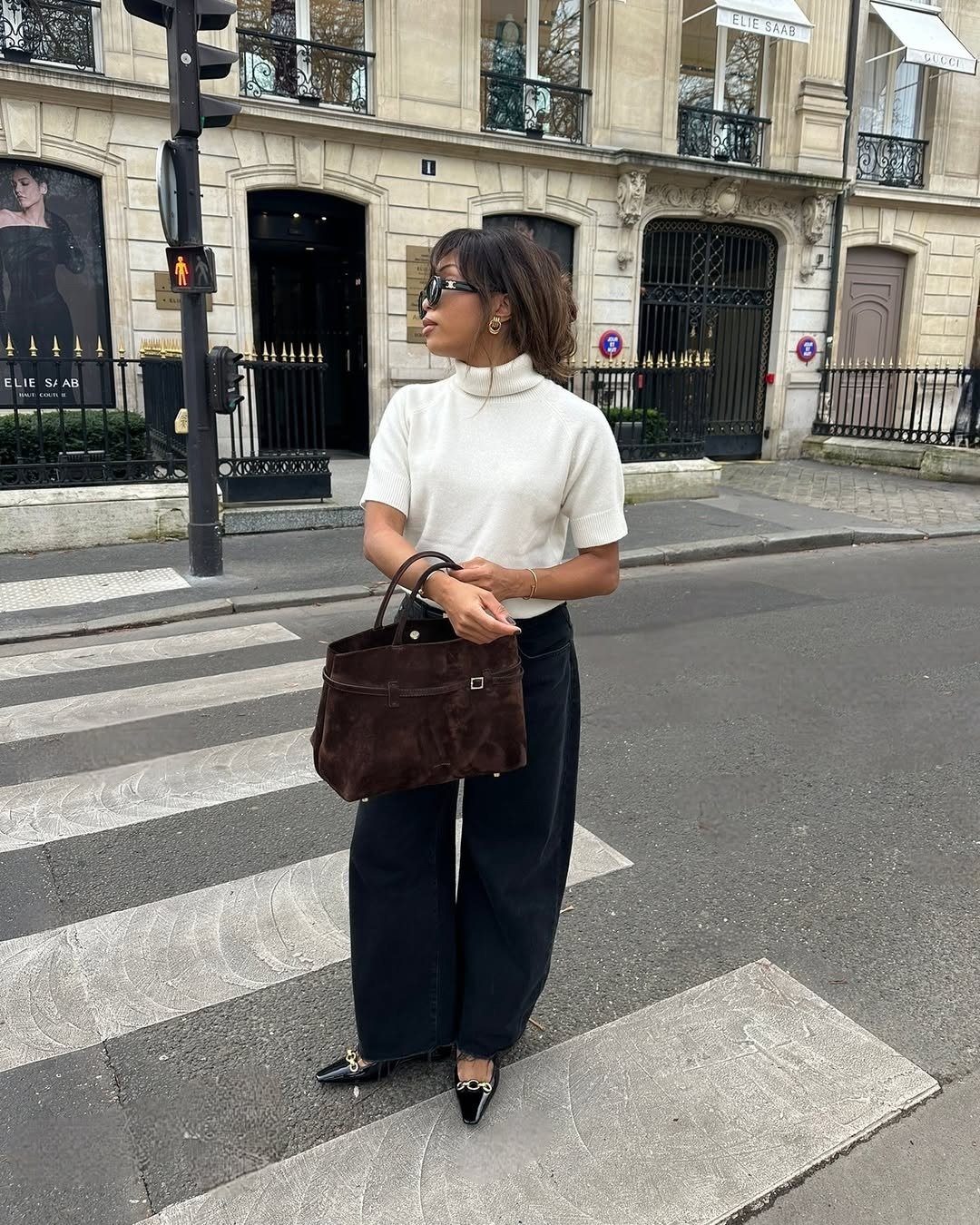 White Turtleneck Sweater with Black Trousers and Suede Handbag — Winter Business Casual Outfits
