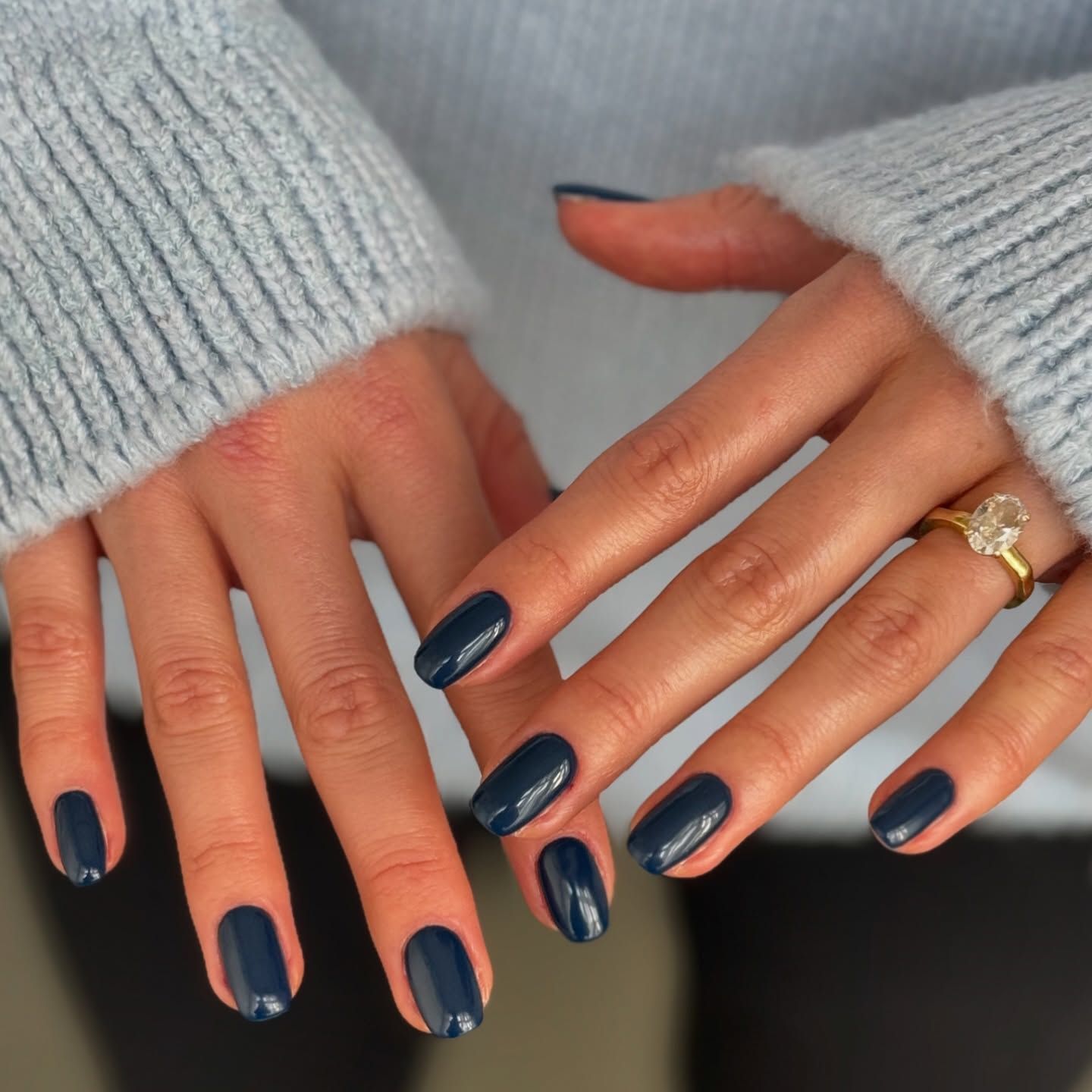 Deep Glossy Blue Short Oval Nails — Winter Blue Nails