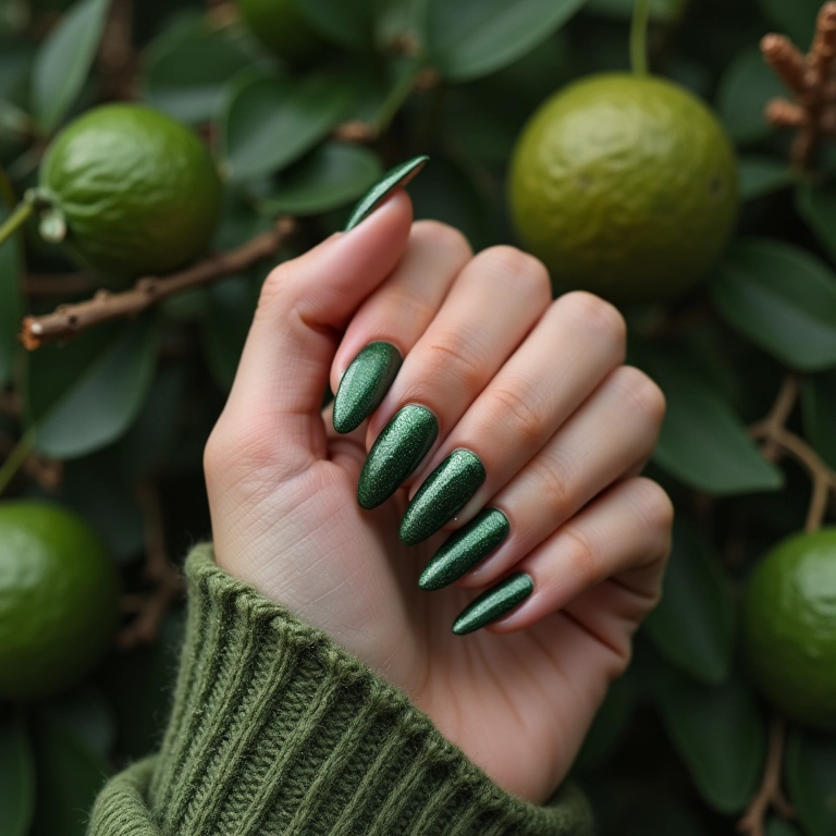 Shimmering Deep Green Glitter Stiletto Nails Shimmering Deep Green Glitter Stiletto Nails — Winter Green Nails