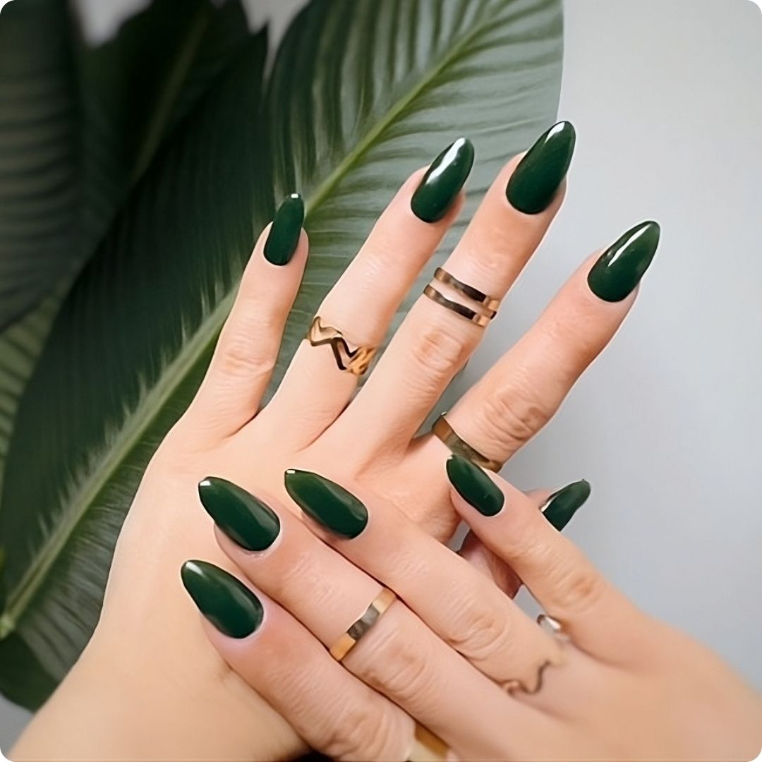 Long Almond Deep Forest Green Glossy Nails — Everyday Winter Nails