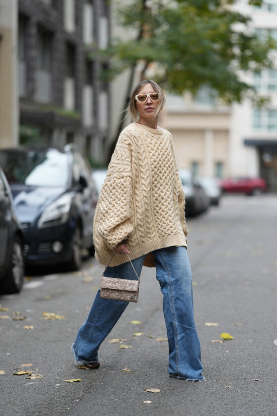 Cream Cable Knit Sweater with Wide-Leg Jeans and Flats — Oversized Sweater Outfits