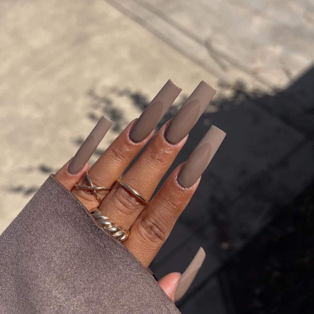 Matte Brown French Tip Long Square Nails — Mocha Nails
