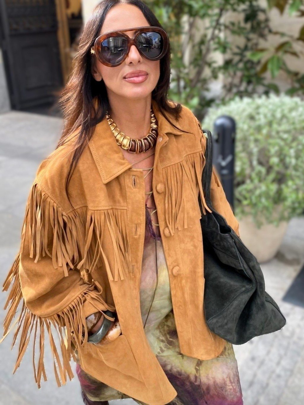 Fringe Suede Jacket with Patterned Dress and Tote — Boho Winter Outfits