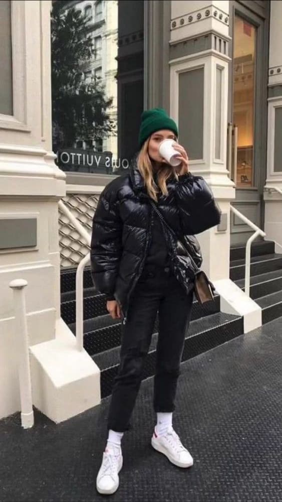 Shiny Black Puffer Jacket with Black Jeans and White Sneakers — Winter Puffer Jacket Outfits