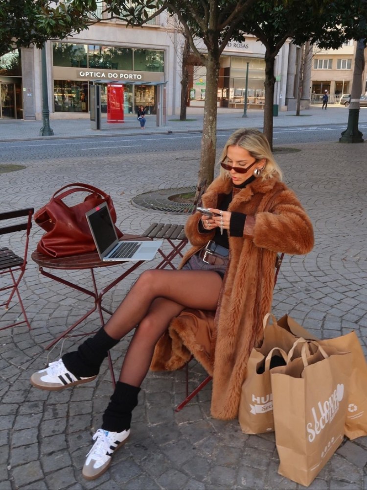 Cozy Faux Fur Coat with Black Leg Warmers and White Sneakers — Leg Warmers Outfits