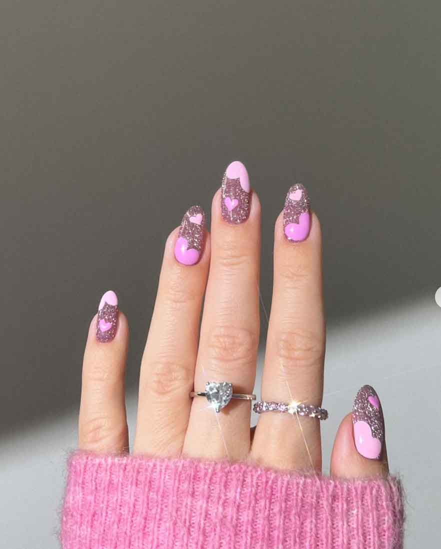 Light Pink Glitter Heart Nails — Winter Pink Nails