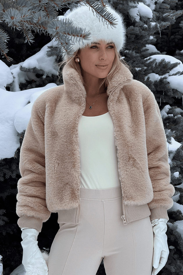 Cozy Faux Fur Bomber Jacket with Cream and Beige Tones Cozy Faux Fur Bomber Jacket with Cream and Beige Tones — Winter Outfits for Petite Women