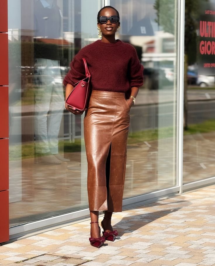 Burgundy Fuzzy Sweater with Brown Leather Midi Skirt — Neutral Winter Outfits
