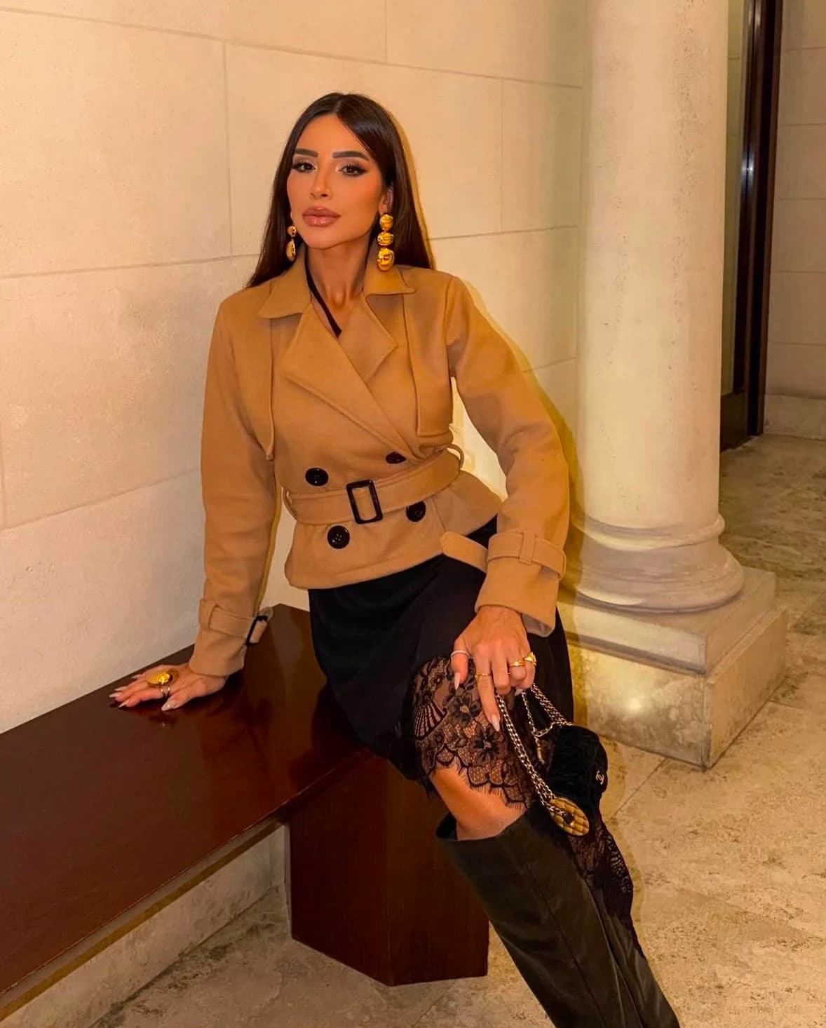 Camel Belted Coat with Black Dress and Boots Camel Belted Coat with Black Dress and Boots — Wool Coat Outfits