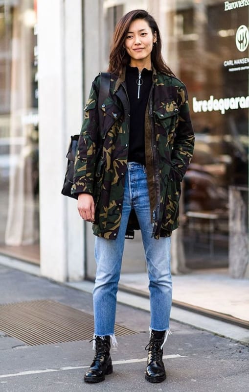Camouflage Parka Over Black Quarter-Zip Top and Straight-Leg Jeans — Parka Outfits