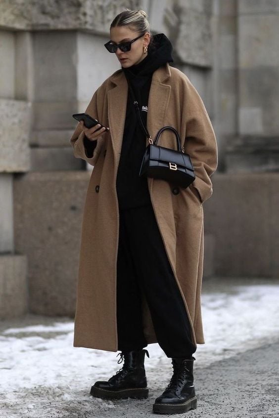 Cozy Layering: Hoodie, Turtleneck, and Camel Coat — Hoodie Outfits
