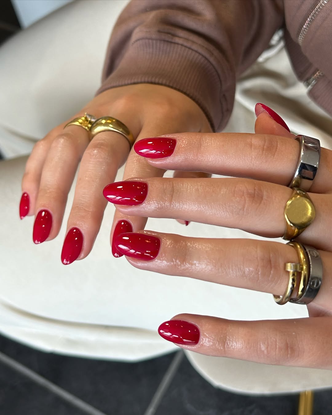Vibrant Cherry Red Glossy Oval Nails Vibrant Cherry Red Glossy Oval Nails — Winter Nail Colors for Women Over 50