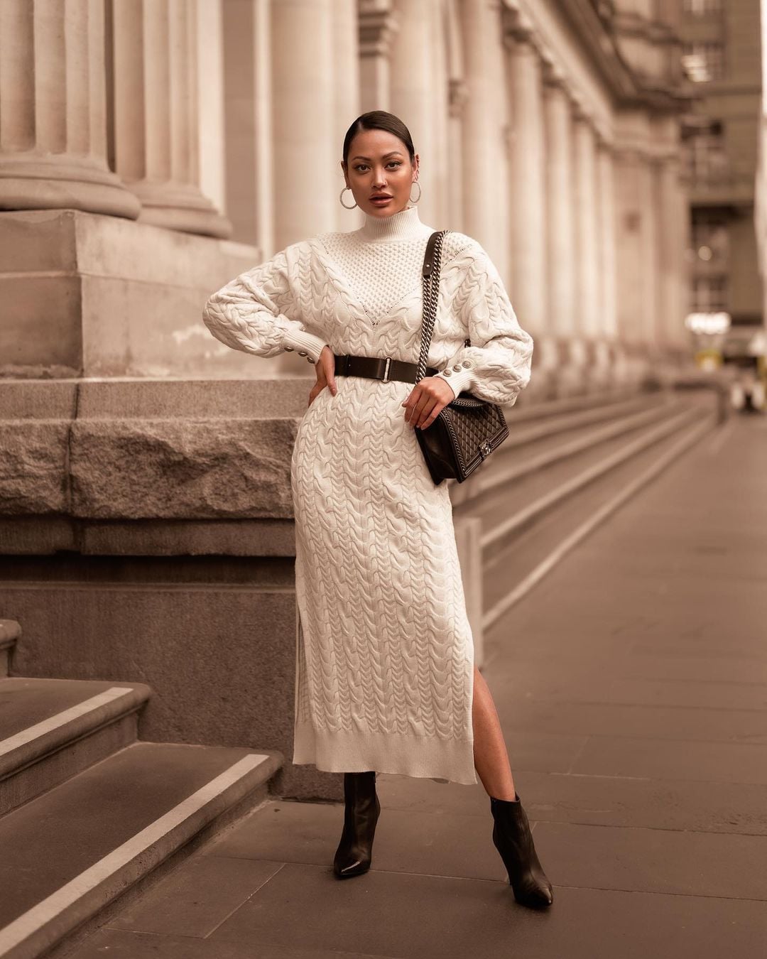 Cream Cable Knit Maxi Dress with Black Accents — Winter Dress Outfits